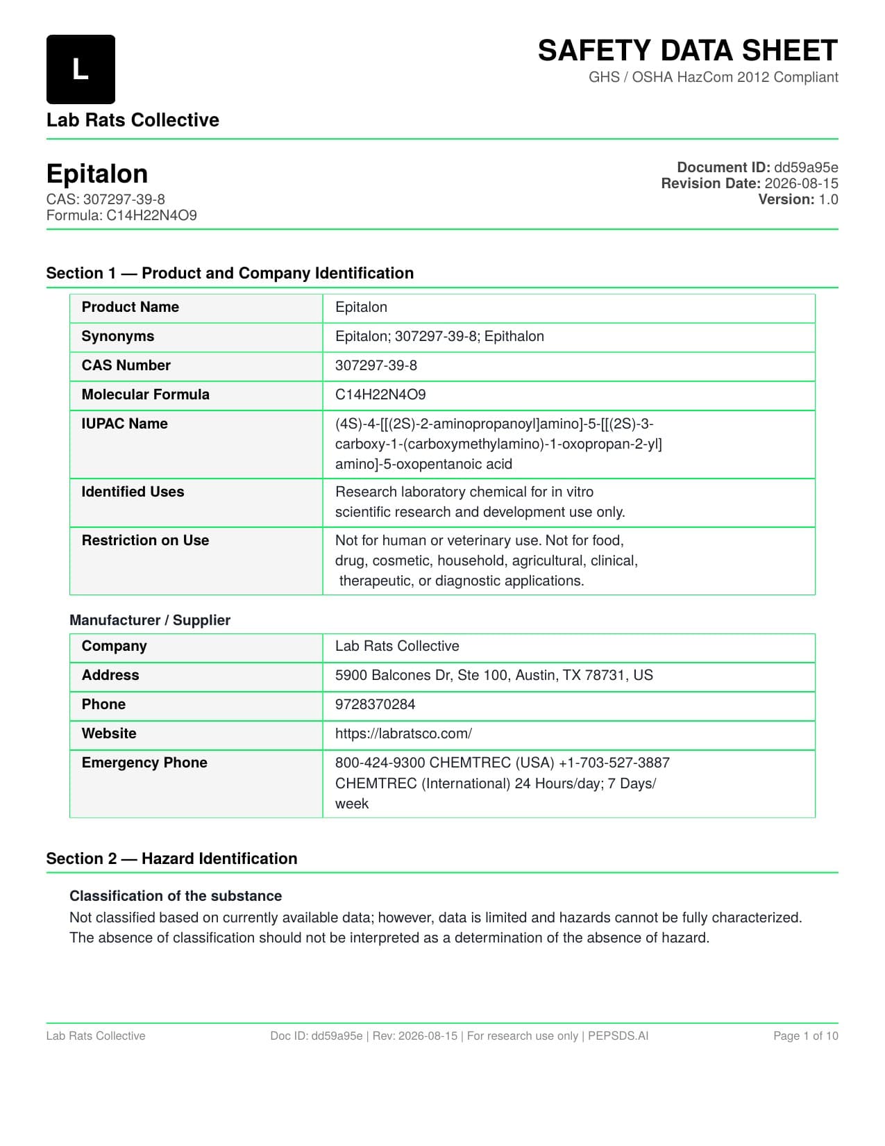 Epitalon 50mg Safety Data Sheet